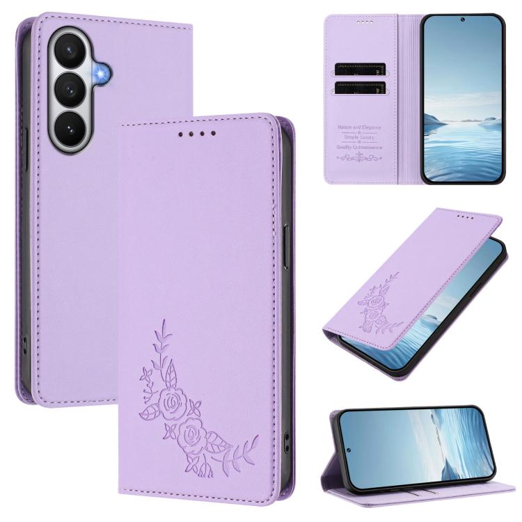 For Galaxy S26 5G Peony Embossed Magnetic RFID Vegan Leather Phone Case(Light Purple)