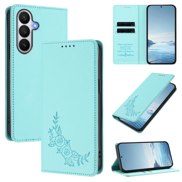 For Galaxy S26 5G Peony Embossed Magnetic RFID Vegan Leather Phone Case(Mint Green)
