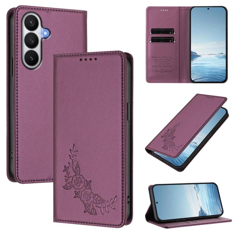 For Galaxy S26 5G Peony Embossed Magnetic RFID Vegan Leather Phone Case(Violet Purple)