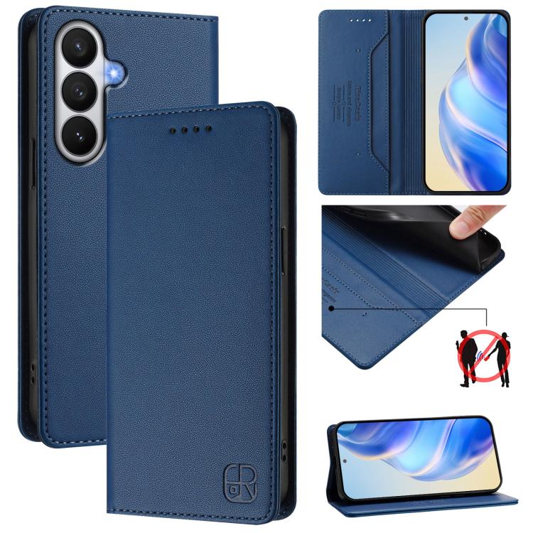 For Galaxy S26 5G RC01 Dual-Folded Magnetic Suction RFID Leather Phone Case(Dark Blue)