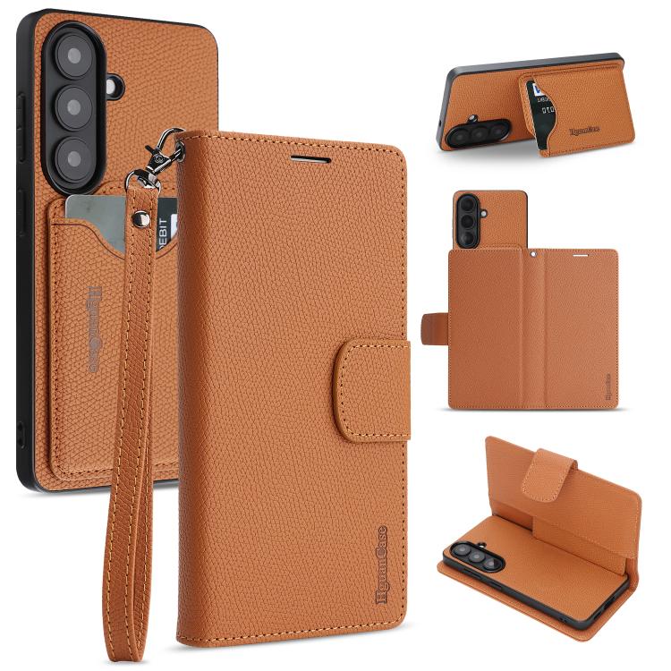 For Galaxy S26 5G Retro Litchi Texture Vegan Leather Magnetic Wallet Phone Case with Wrist Strap(Brown)