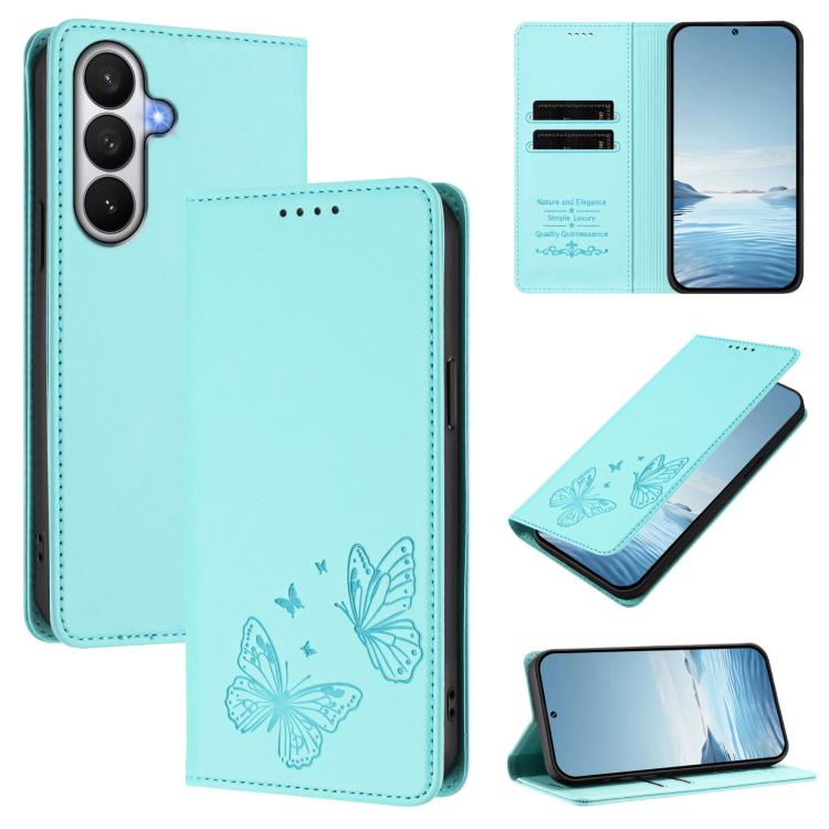 For Galaxy S26 5G Strong Magnetic Dual Butterfly RFID Vegan Leather Phone Case(Mint Green)