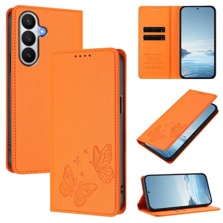 For Galaxy S26 5G Strong Magnetic Dual Butterfly RFID Vegan Leather Phone Case(Orange)