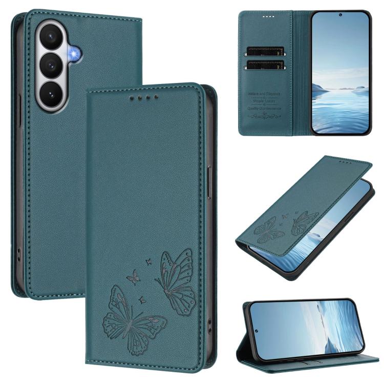 For Galaxy S26 5G Strong Magnetic Dual Butterfly RFID Vegan Leather Phone Case(Peacock Green)