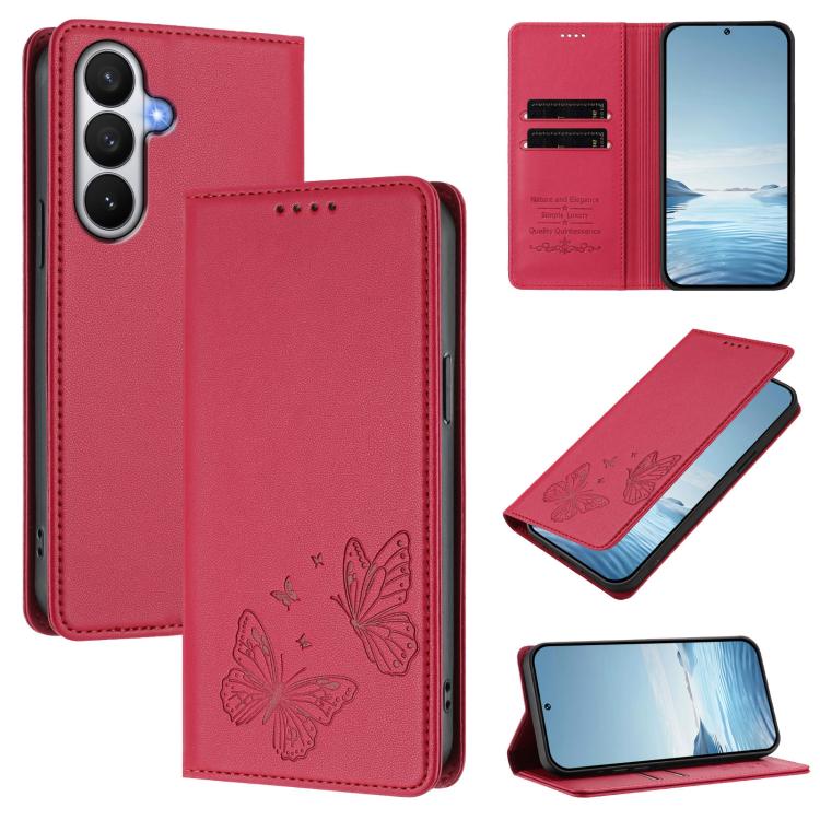 For Galaxy S26 5G Strong Magnetic Dual Butterfly RFID Vegan Leather Phone Case(Red)