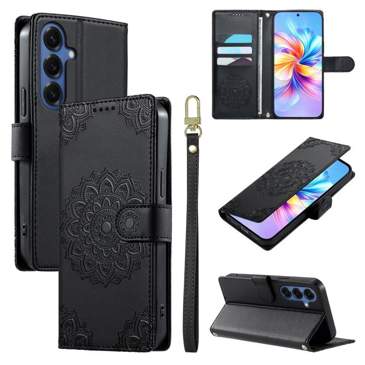 For Galaxy S26 5G Totem Embossed Magnetic Closure Vegan Leather Phone Case with Strap(Black)