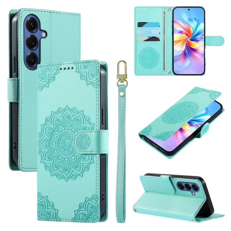 For Galaxy S26 5G Totem Embossed Magnetic Closure Vegan Leather Phone Case with Strap(Green)