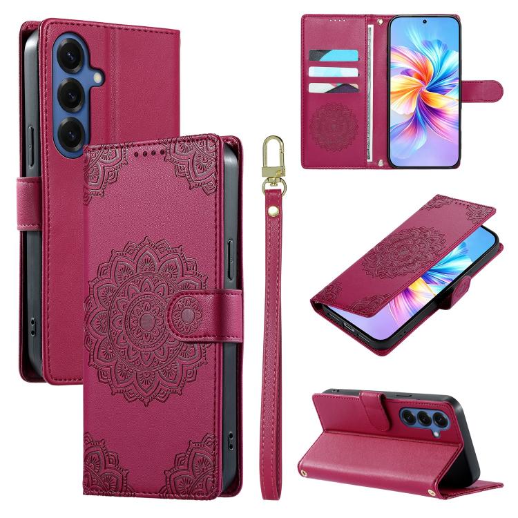 For Galaxy S26 5G Totem Embossed Magnetic Closure Vegan Leather Phone Case with Strap(Rose Red)
