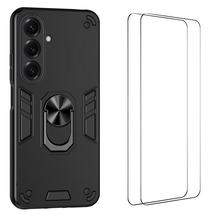 For Galaxy S26 5G WANLONFENG Armor Kickstand Shockproof Phone Case with 2pcs Screen Films(Black)