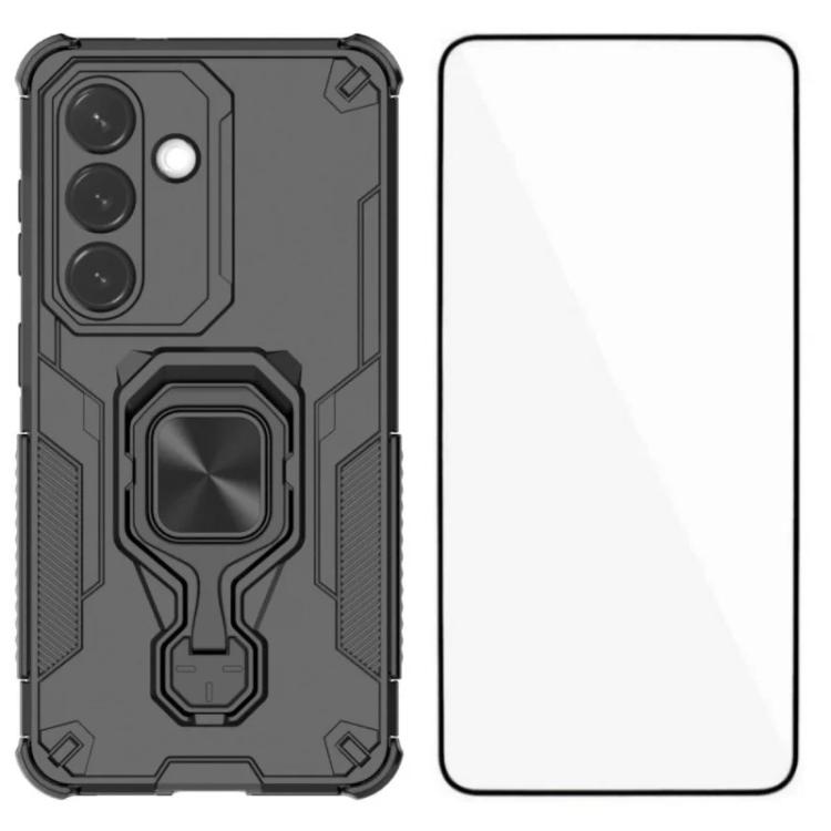 For Galaxy S26 5G WANLONFENG Metal Kickstand Phone Case with Screen Protector(Black)