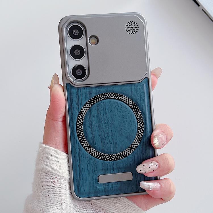 For Galaxy S26 5G Wood Grain Magnetic PC Shockproof Phone Case(Denim Blue)