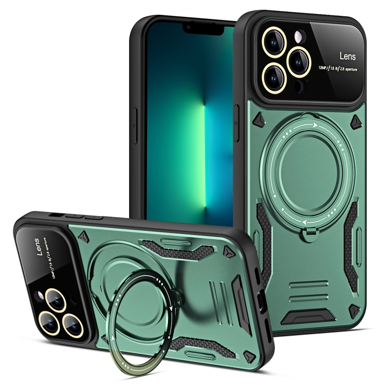 For iPhone 13 Pro Max Large Window MagSafe Holder Phone Case(Green)