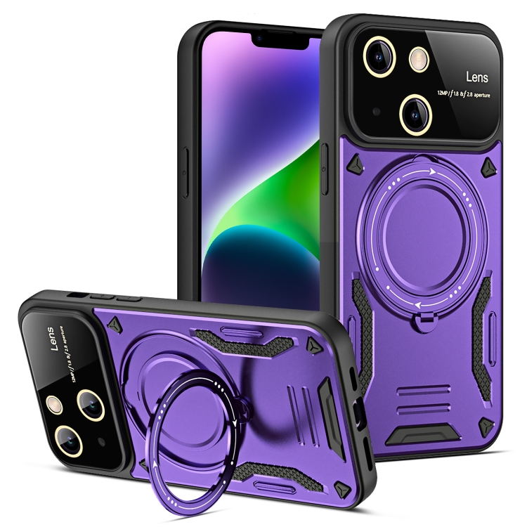 For iPhone 14 Plus Large Window MagSafe Holder Phone Case(Purple)
