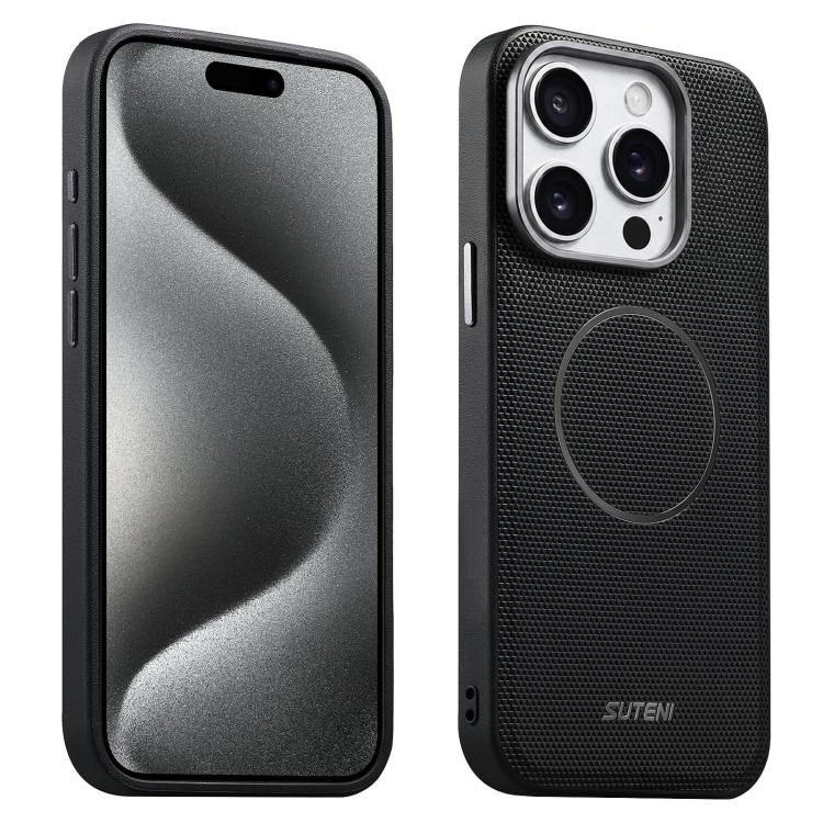 For iPhone 15 Pro Max Suteni G8 Magnetic Triangle Texture Vegan Leather Back Phone Case(Black)