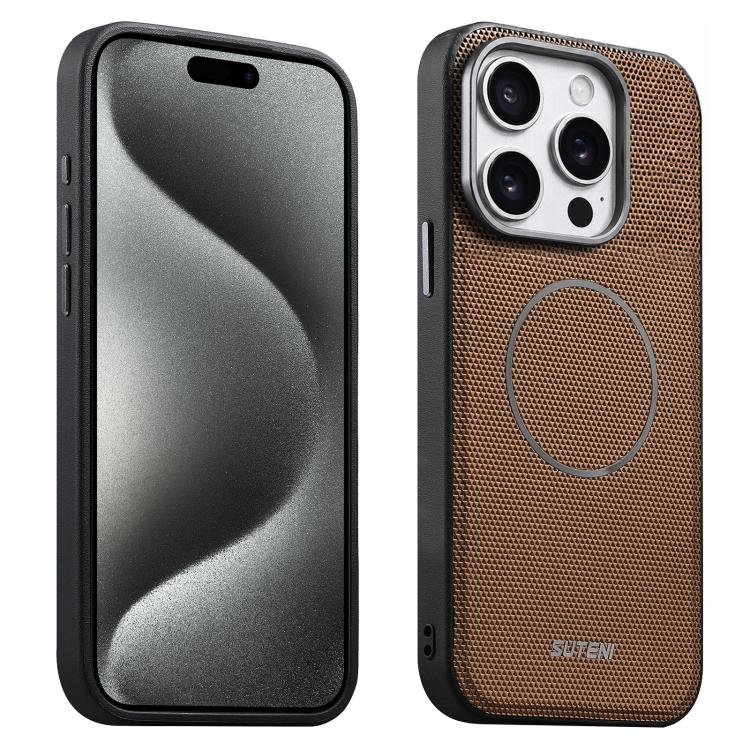 For iPhone 15 Pro Max Suteni G8 Magnetic Triangle Texture Vegan Leather Back Phone Case(Gold)