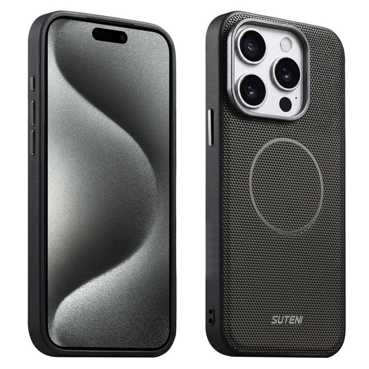 For iPhone 15 Pro Max Suteni G8 Magnetic Triangle Texture Vegan Leather Back Phone Case(Grey)
