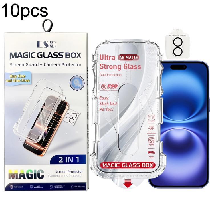 For iPhone 16 10pcs Easy Install Dust-proof Box Frosted Tempered Glass Film with Lens Film