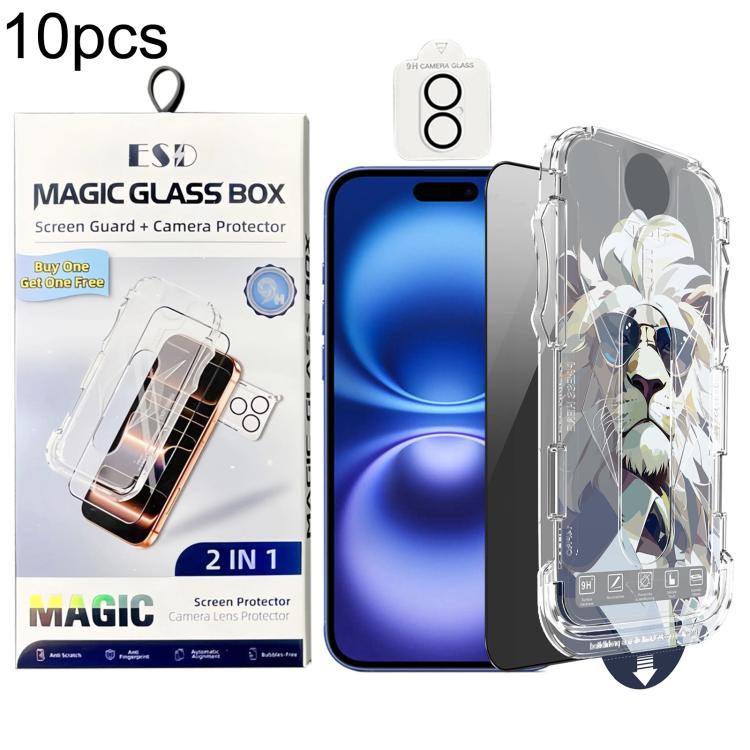 For iPhone 16 10pcs Easy Install Dust-proof Box Privacy Tempered Glass Film with Lens Film