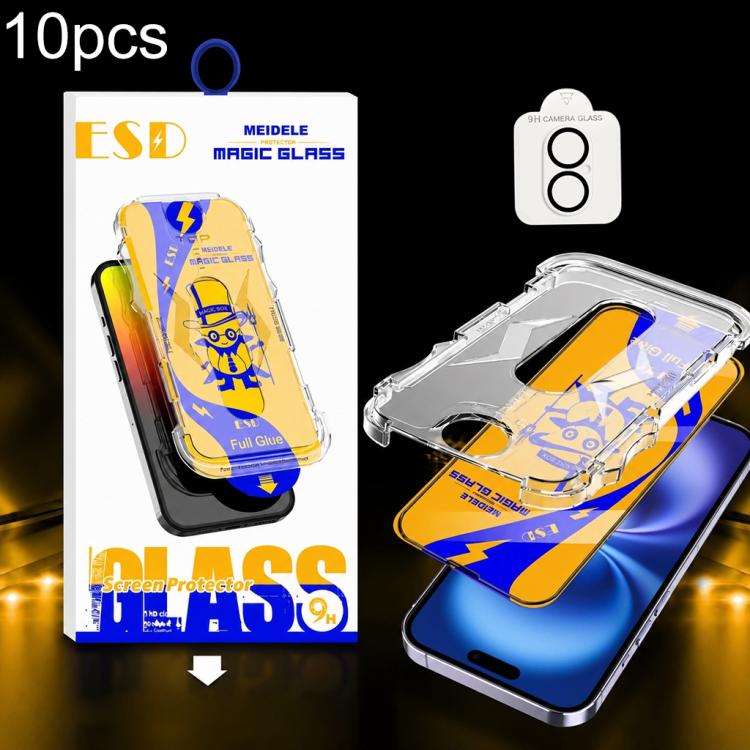 For iPhone 16 10pcs MEIDELE Easy Install Dust-proof Box HD Tempered Glass Film with Lens Film