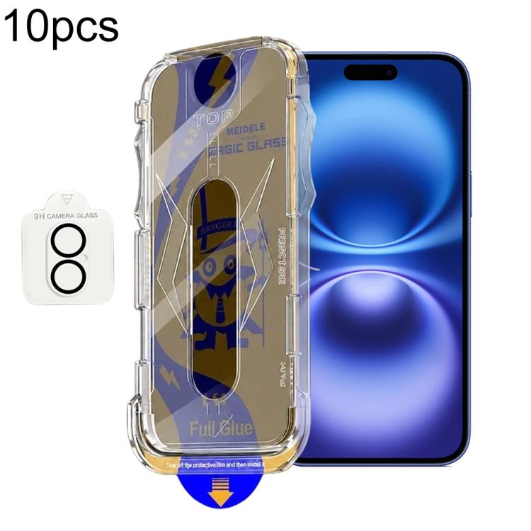 For iPhone 16 10pcs MEIDELE Easy Install Dust-proof Box Privacy Tempered Glass Film with Lens Film