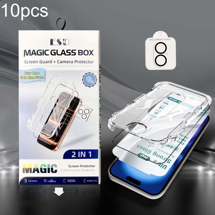 For iPhone 16 10pcs USG Easy Install Dust-proof Box HD Edge-to-Edge Tempered Glass Film with Lens Film