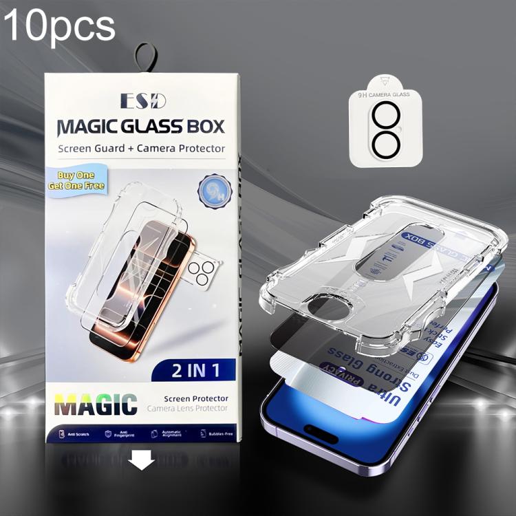 For iPhone 16 10pcs USG Easy Install Dust-proof Box Privacy Edge-to-Edge Tempered Glass Film with Lens Film
