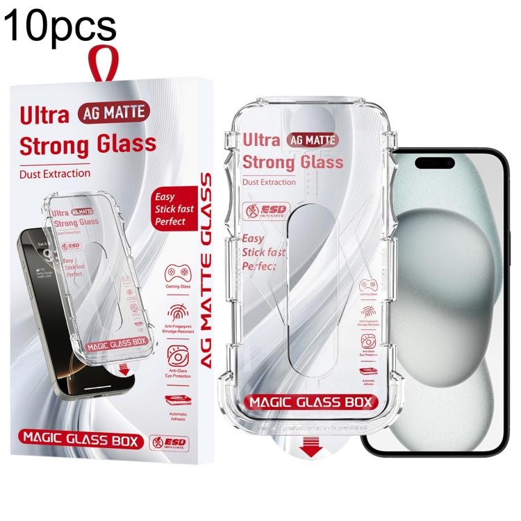 For iPhone 16 / 15 10pcs Easy Install Dust-proof Box Frosted Tempered Glass Film