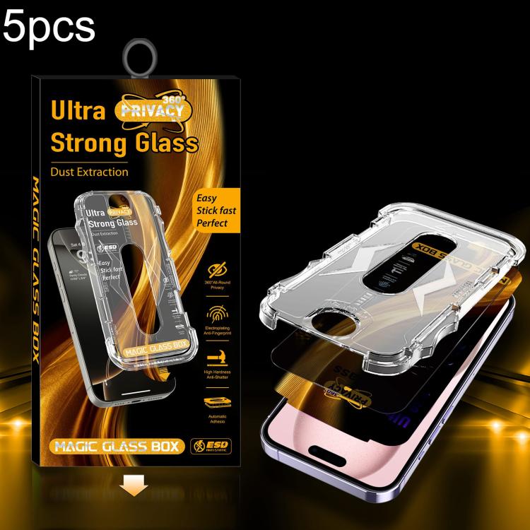 For iPhone 16 / 15 5pcs Easy Install Dust-proof Box 360 Privacy Tempered Glass Film
