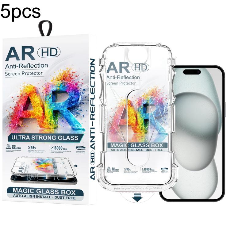 For iPhone 16 / 15 5pcs Easy Install Dust-proof Box AR HD Tempered Glass Film
