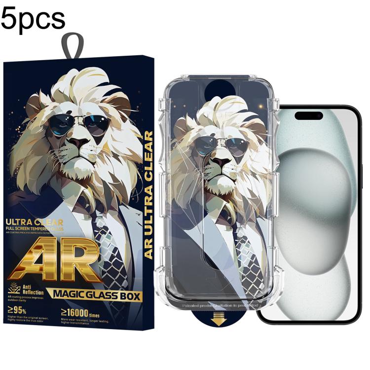 For iPhone 16 / 15 5pcs Sunglasses Lion Easy Install Dust-proof Box AR HD Tempered Glass Film