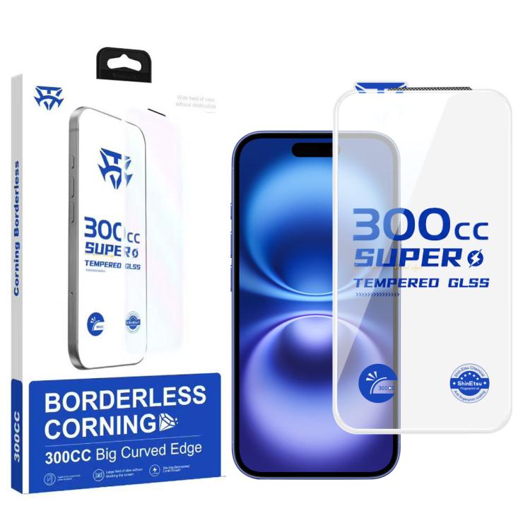 For iPhone 16 300CC Large Arc Antistatic Borderless Corning Gorilla HD Tempered Glass Film, With Retail Package