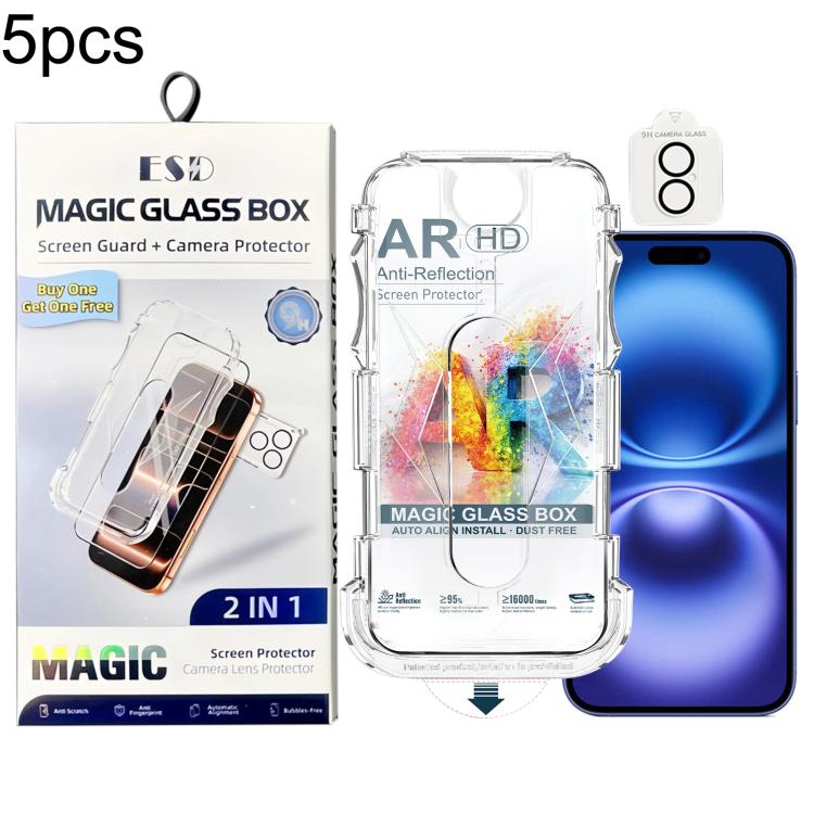 For iPhone 16 5pcs Easy Install Dust-proof Box AR HD Tempered Glass Film with Lens Film