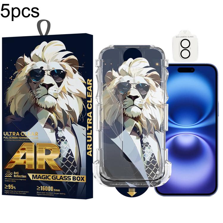 For iPhone 16 5pcs Sunglasses Lion Easy Install Dust-proof Box AR HD Tempered Glass Film with Lens Film
