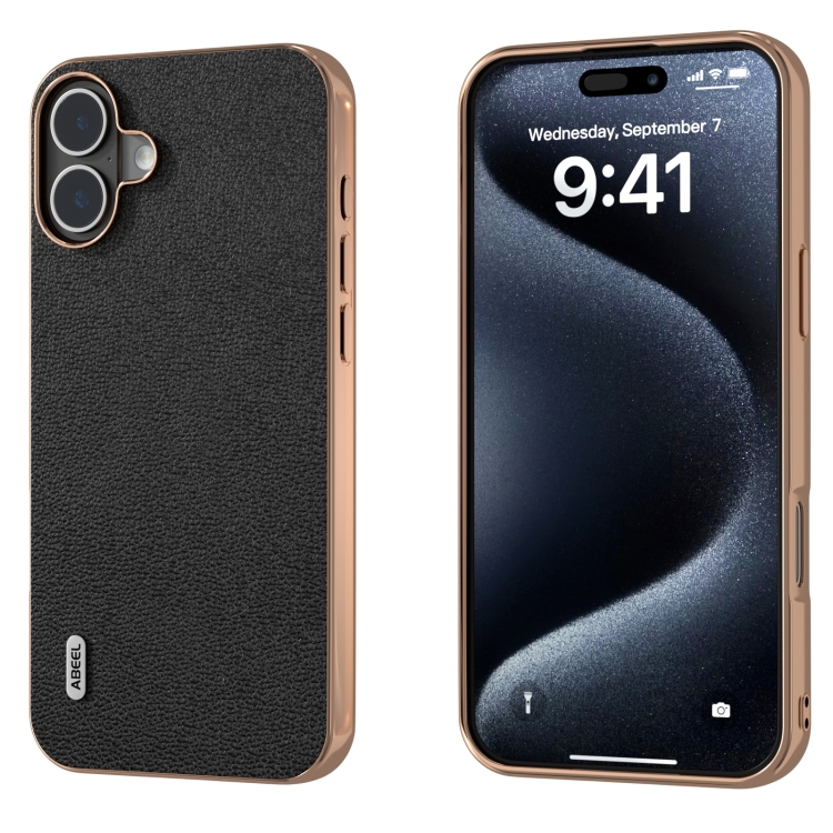 For iPhone 16 ABEEL Electroplating Frame Genuine Leather Luolai Series Phone Case(Black)