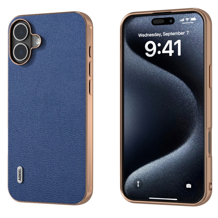 For iPhone 16 ABEEL Electroplating Frame Genuine Leather Luolai Series Phone Case(Dark Blue)