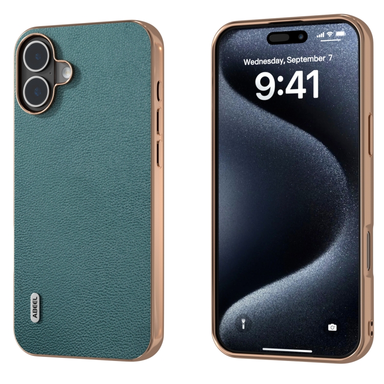For iPhone 16 ABEEL Electroplating Frame Genuine Leather Luolai Series Phone Case(Dark Green)