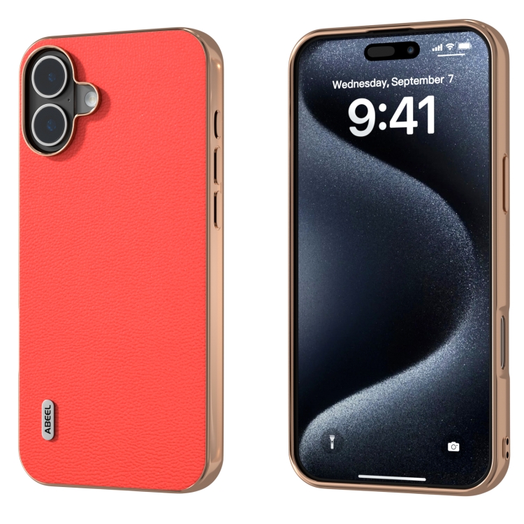 For iPhone 16 ABEEL Electroplating Frame Genuine Leather Luolai Series Phone Case(Red)