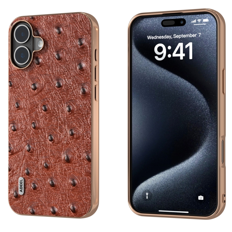 For iPhone 16 ABEEL Electroplating Frame Genuine Leather Ostrich Texture Phone Case(Coffee)