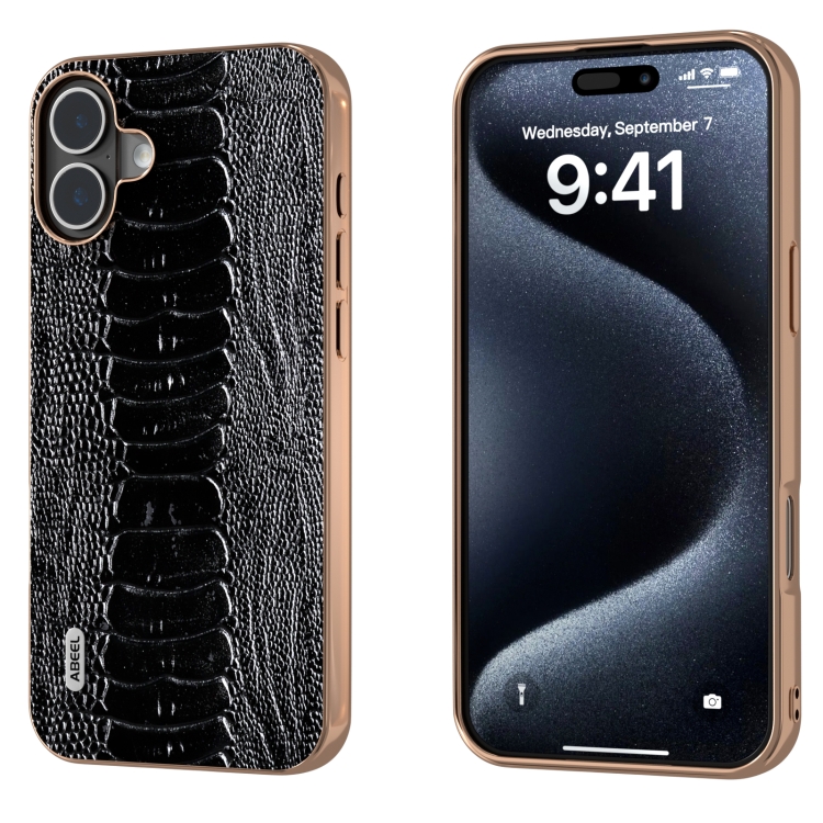 For iPhone 16 ABEEL Electroplating Frame Genuine Leather Weilai Series Phone Case(Black)