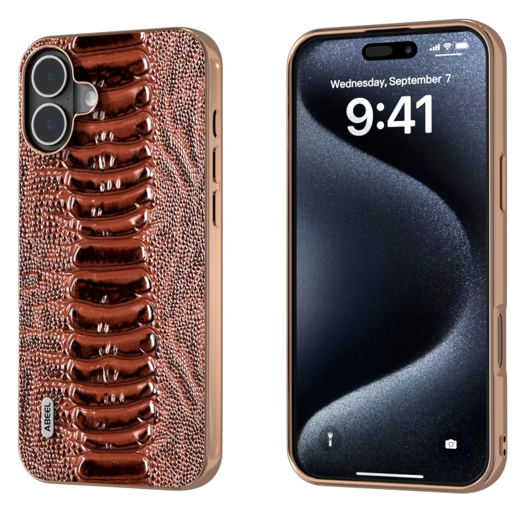 For iPhone 16 ABEEL Electroplating Frame Genuine Leather Weilai Series Phone Case(Coffee)