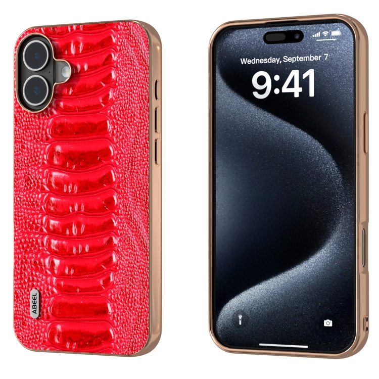 For iPhone 16 ABEEL Electroplating Frame Genuine Leather Weilai Series Phone Case(Red)