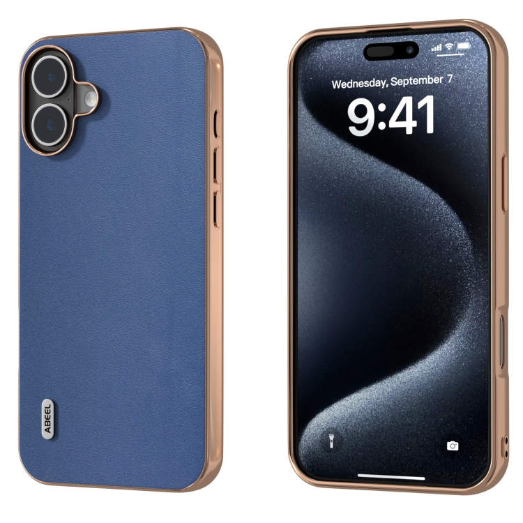 For iPhone 16 ABEEL Electroplating Frame Genuine Leather Xiaoya Series Phone Case(Blue)