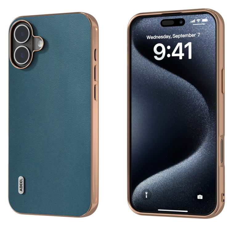 For iPhone 16 ABEEL Electroplating Frame Genuine Leather Xiaoya Series Phone Case(Dark Green)