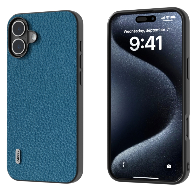For iPhone 16 ABEEL Genuine Leather Litchi Texture Phone Case(Blue)