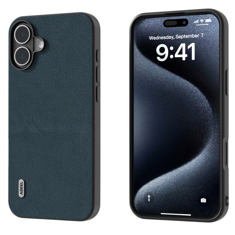 For iPhone 16 ABEEL Genuine Leather Wave Black Edge Phone Case(Green)