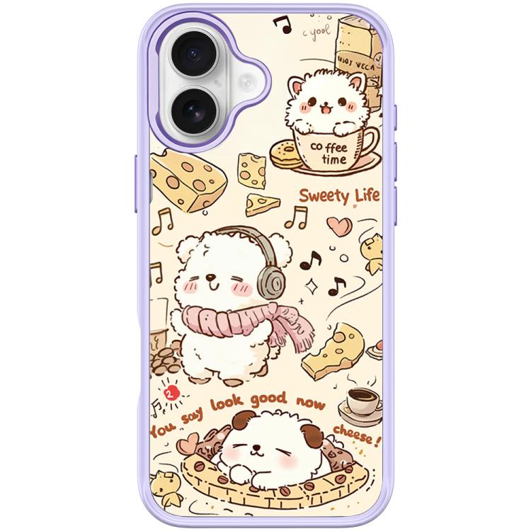 For iPhone 16 Adorable Coffee Cat Pattern Magnetic Phone Case(Light Purple)