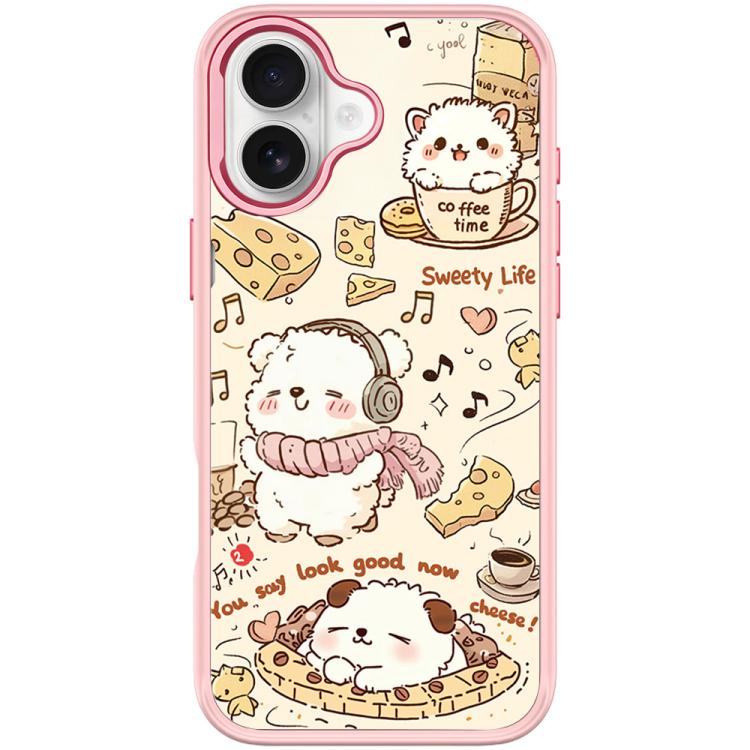 For iPhone 16 Adorable Coffee Cat Pattern Magnetic Phone Case(Pink)