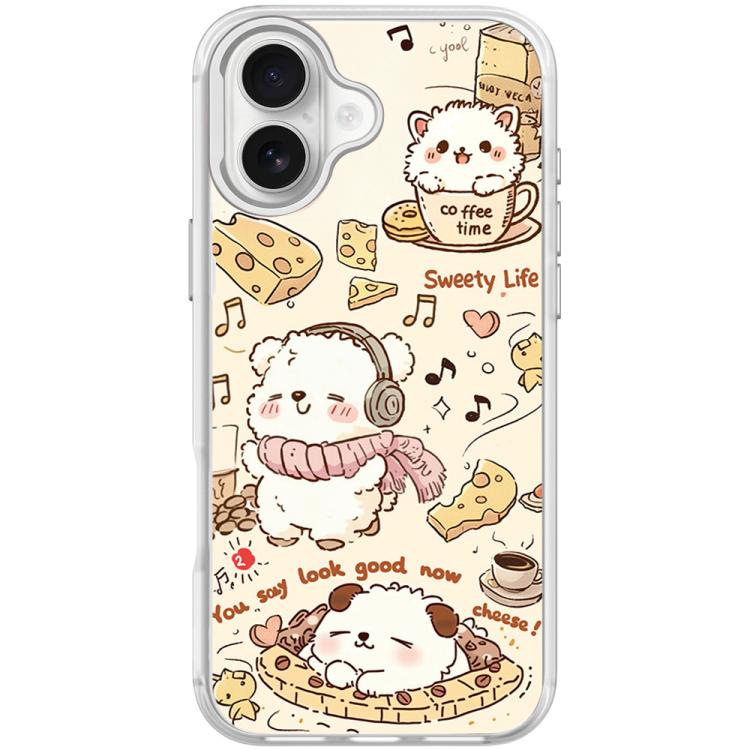 For iPhone 16 Adorable Coffee Cat Pattern Magnetic Phone Case(Transparent White)
