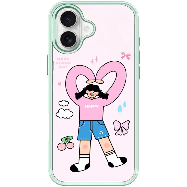 For iPhone 16 Adorable Double Ponytail Heart Girl Pattern Magnetic Phone Case(Light Green)