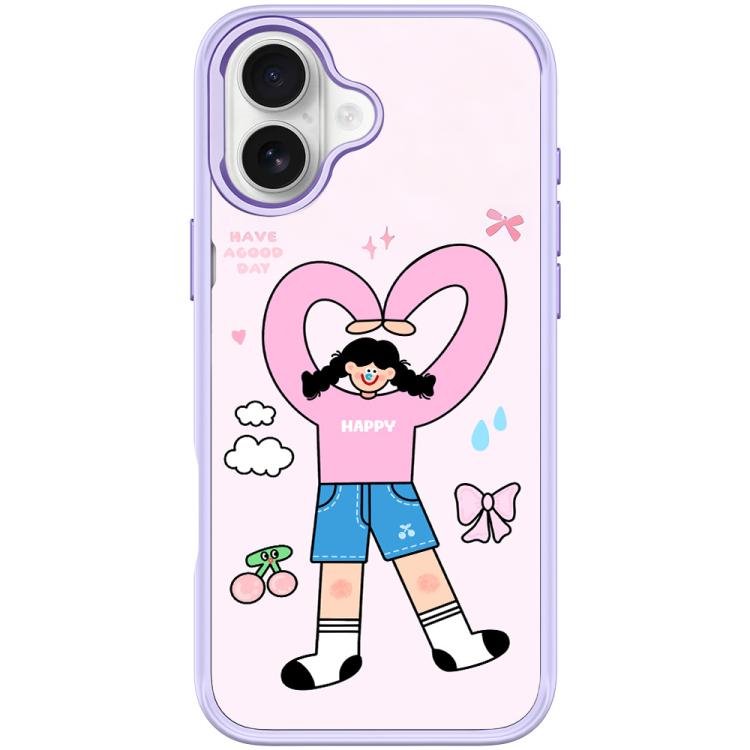 For iPhone 16 Adorable Double Ponytail Heart Girl Pattern Magnetic Phone Case(Light Purple)